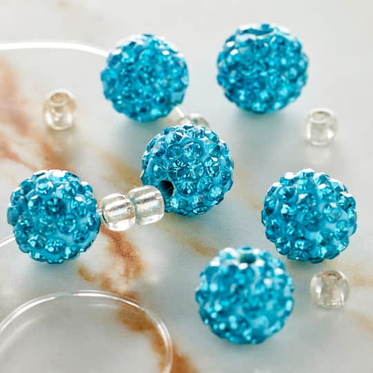 12 Pack: Aqua Rhinestone Studded Round Beads, 10mm by Bead Landing™
